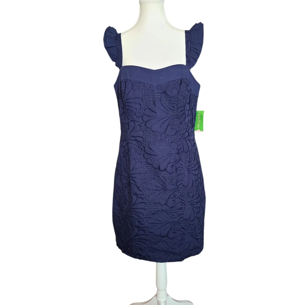 Lilly Pultizer True Navy Blue Cotton Sarafina Dress Dollop Of Scallop NWT Sz 14 - Picture 3 of 11